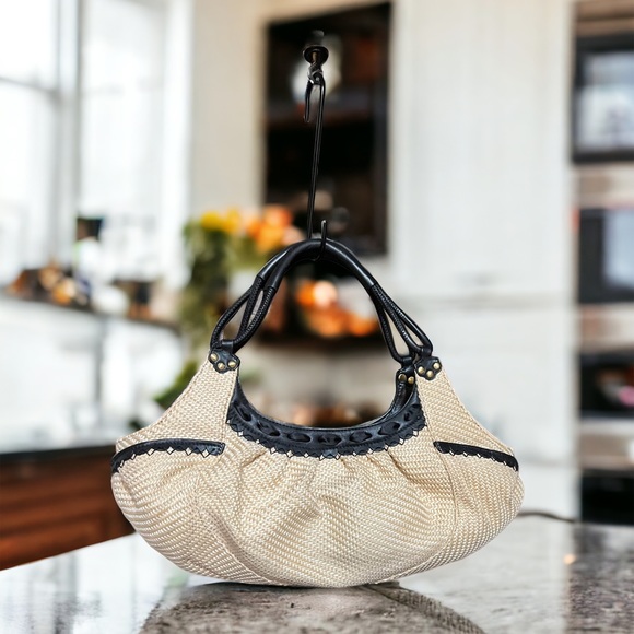 Cole Haan Handbags - COLE HAAN VINTAGE “SARAH” LEATHER AND STRAW SATCHEL